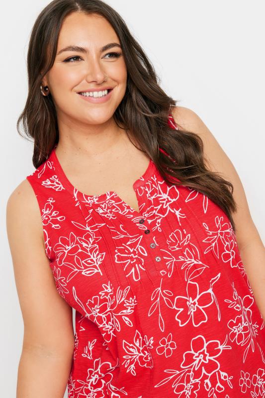 YOURS Plus Size Red Floral Print Pintuck Henley Vest Top | Yours Clothing 4