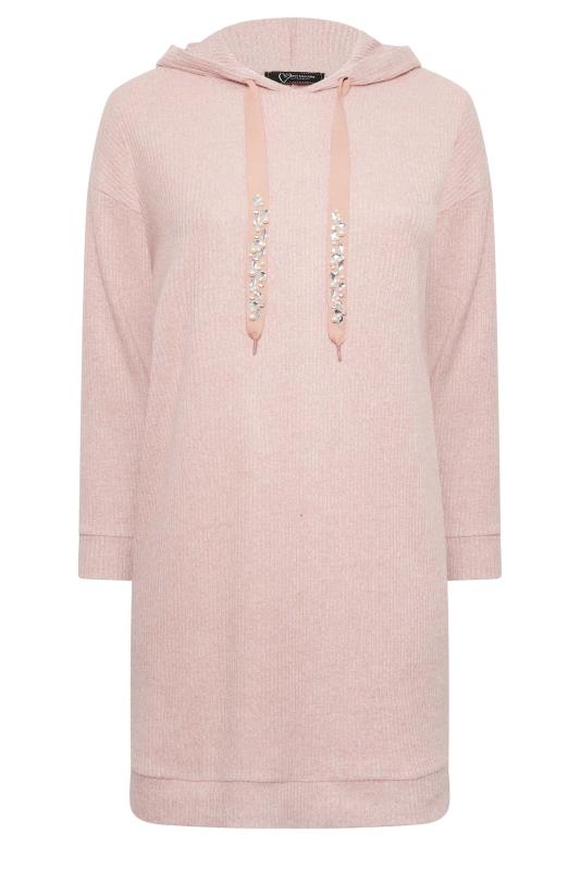 YOURS LUXURY Curve Light Pink Sequin Embellished Drawstrings Ribbed Hoodie Dress 7