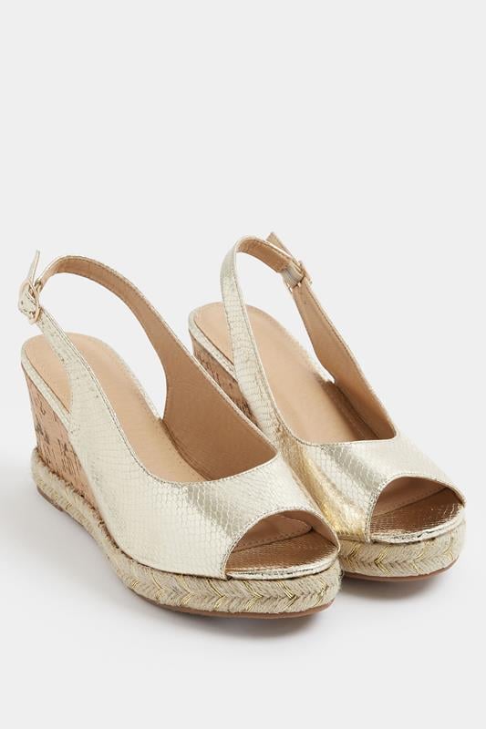 Gold Faux Leather Snake Wedge Sandals In Wide E Fit | Yours Clothing 1