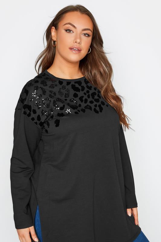 Plus Size Black Sequin Velvet Leopard Print Jumper | Yours Clothing 4