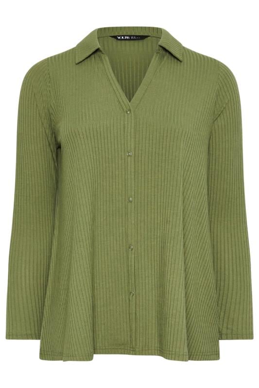 YOURS Plus Size Green Ribbed Button Front Long Sleeve Collared Top | Yours Clothing 5