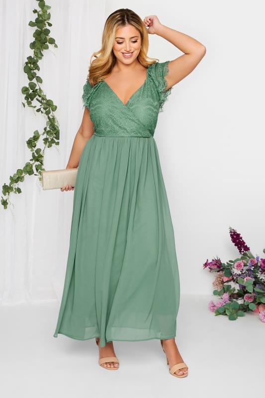YOURS LONDON Plus Size Green Lace Detail Wrap Maxi Dress | Yours Clothing 1