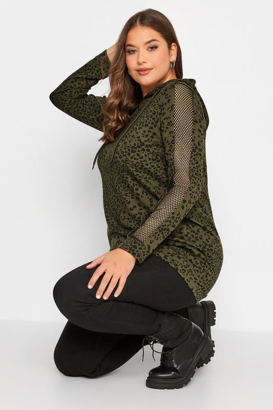 Curve Green Leopard Print Fishnet Sleeve Hoodie | Yours Clothing 1