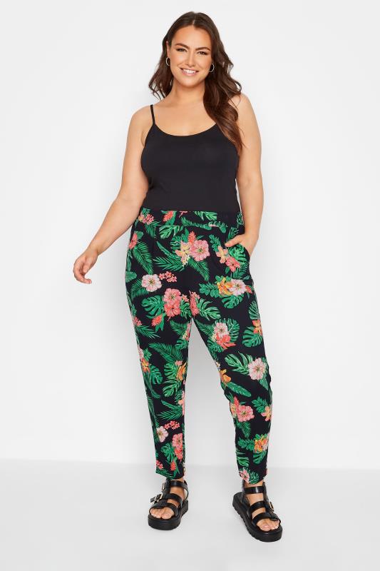 Plus Size Black Tropical Print Tapered Harem Trousers | Yours Clothing  2