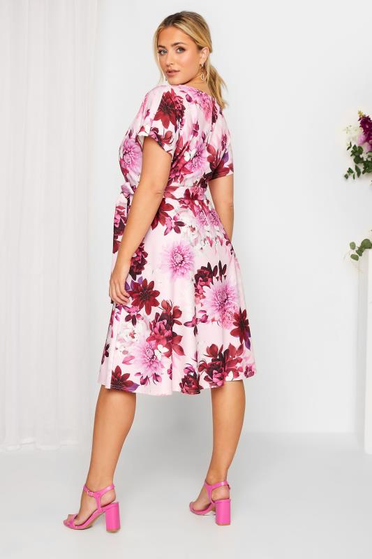 YOURS LONDON Curve Plus Size Pink & Red Floral Skater Wrap Dress | Yours Clothing  3