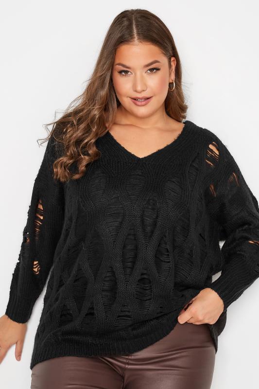 Plus Size Black Distressed V-Neck Knitted Jumper | Yours Clothing 3