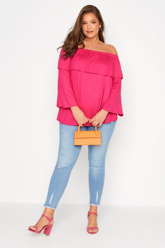 LIMITED COLLECTION Curve Hot Pink Frill Bardot Top 2