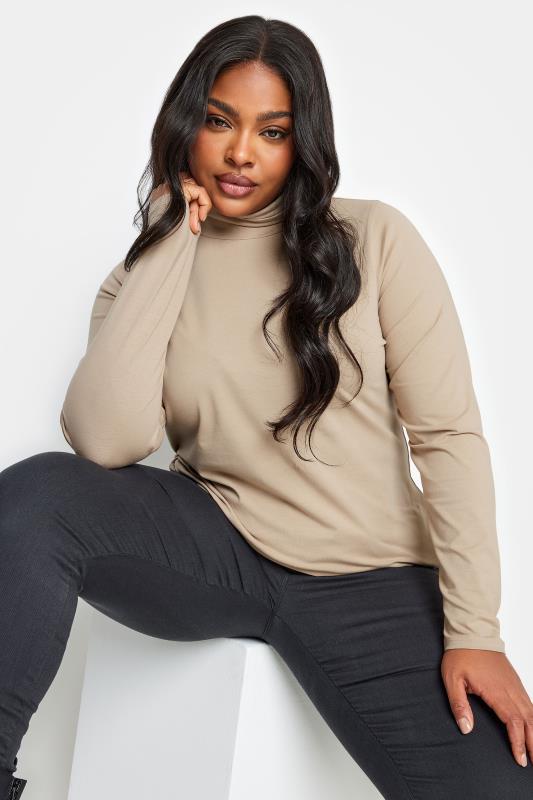 Plus Size  YOURS Curve Beige Brown Long Sleeve Turtle Neck Top