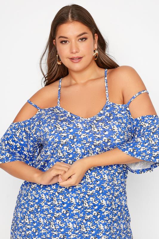 Plus Size Blue Floral Strappy Cold Shoulder Top | Yours Clothing 4