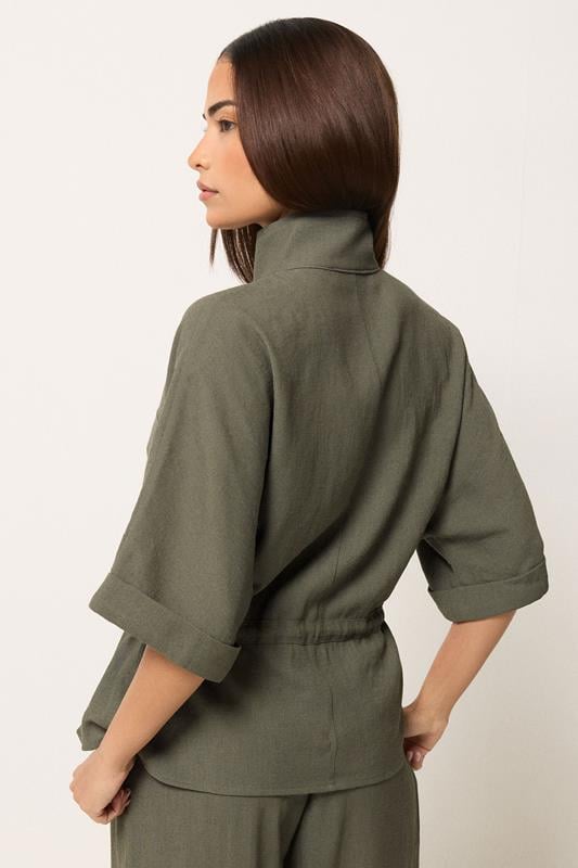 PixieGirl Petite Women's Khaki Green Funnel Neck Shacket | PixieGirl 2