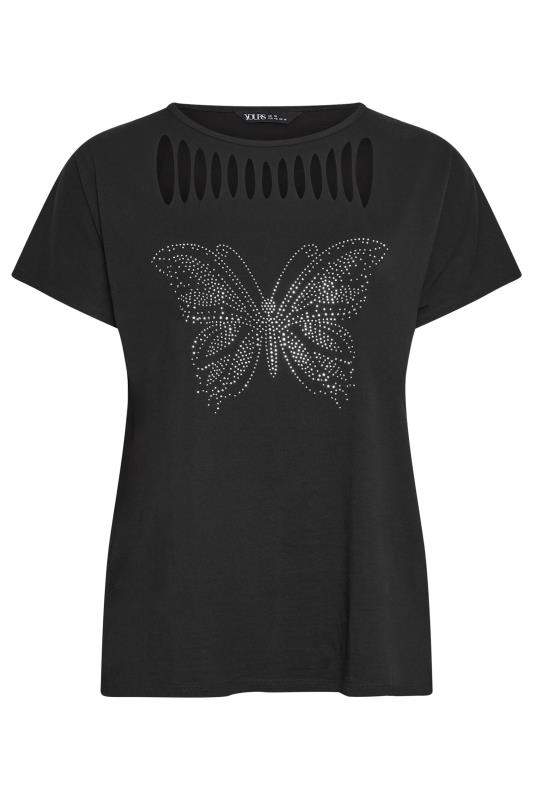 YOURS Plus Size Black Cut Out Butterfly Embellished T-Shirt | Yours Clothing 5