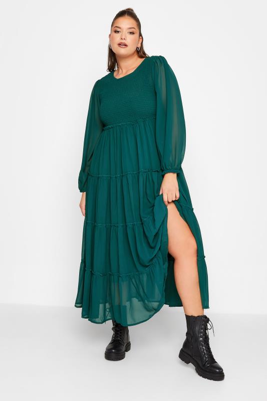 LIMITED COLLECTION Plus Size Forest Green Tiered Chiffon Dress | Yours Clothing 1