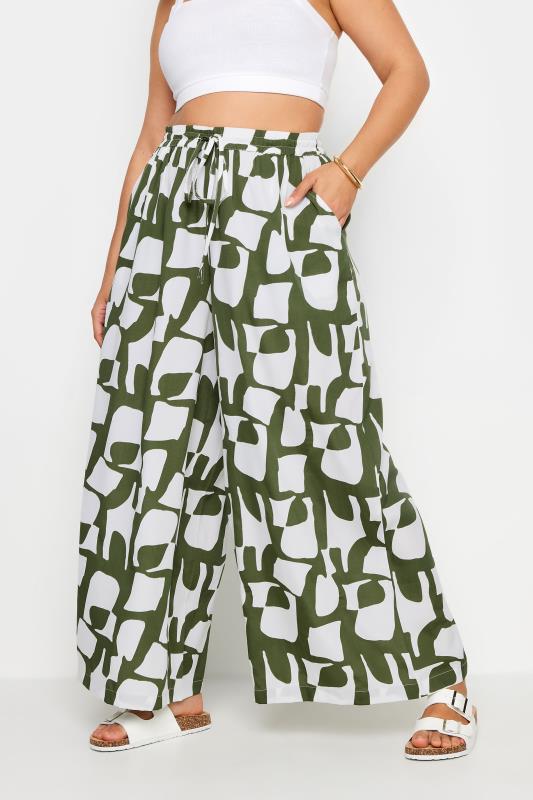LIMITED COLLECTION Plus Size Green Abstract Print Drawstring Wide Leg Trousers | Yours Clothing 1