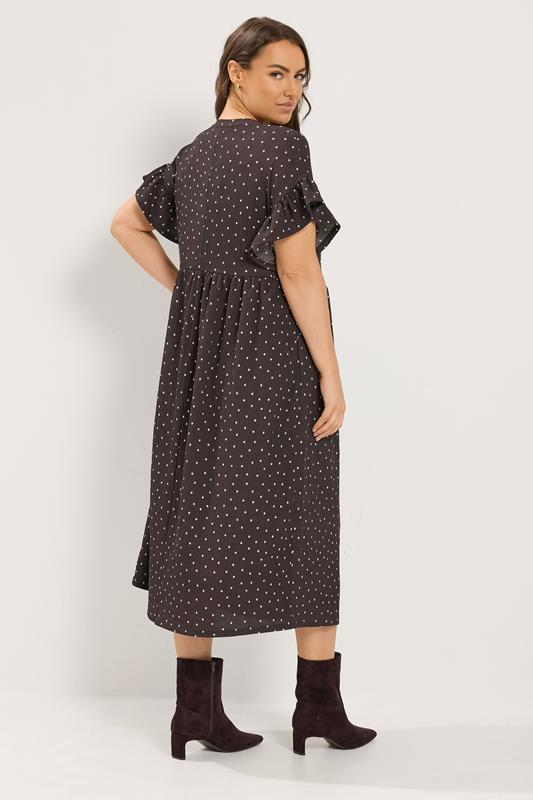 YOURS Plus Size Chocolate Brown Polka Dot Frill Sleeve Midi Dress | Yours Clothing 2