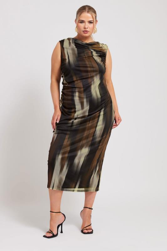 YOURS LONDON Plus Size Brown Abstract Print Slash Neck Dress | Yours Clothing 1