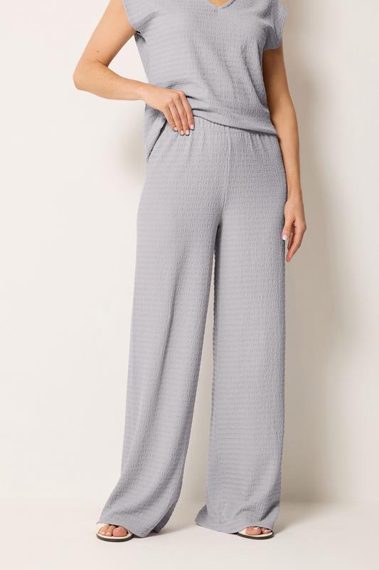 LTS Tall Women's Light Grey Textured Elasticated Wide Leg Trousers | Long Tall Sally 1