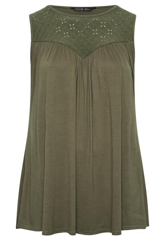 LIMITED COLLECTION Plus Size Khaki Green Broderie Anglaise Insert Vest Top | Yours Clothing 6