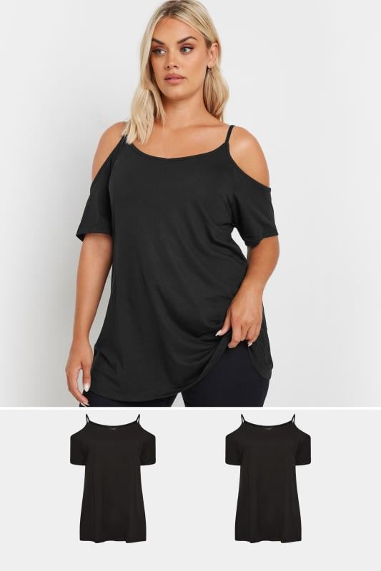 YOURS Plus Size 2 PACK Black Cold Shoulder T Shirts Yours Clothing Yours Clothing