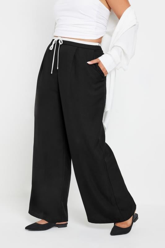 YOURS Plus Size Black Contrast Waist Wide Leg Trousers | Yours Clothing 2