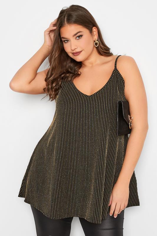 LIMITED COLLECTION Plus Size Black & Gold Glitter Cami Swing Style Top | Yours Clothing 1