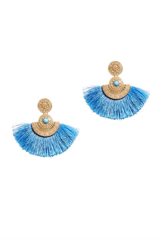 Gold & Blue Fan Tassel Earrings 4