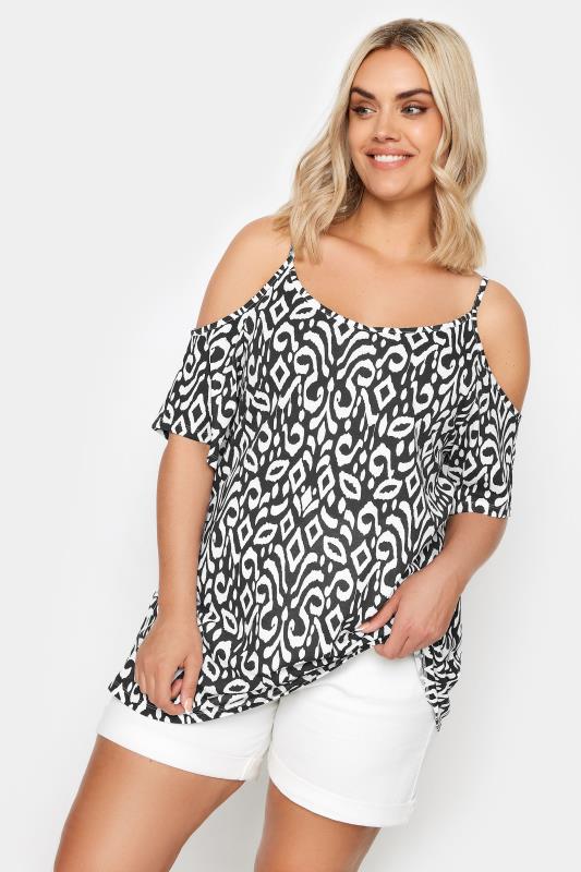 YOURS Plus Size Black Ikat Print Cold Shoulder Top | Yours Clothing 1