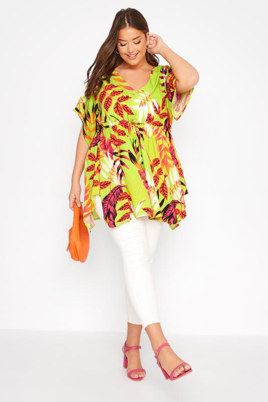 Plus Size Lime Green Tropical Print Tie Waist Top | Yours Clothing 2