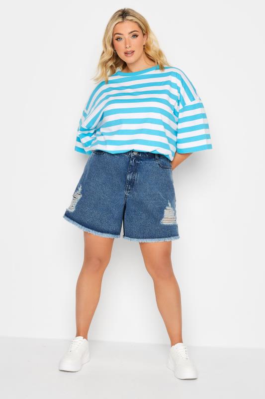 Plus Size Mid Blue Ripped Floaty Denim Shorts | Yours Clothing  2