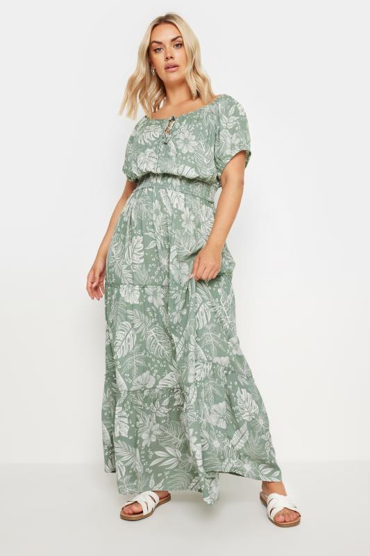Plus Size  YOURS Curve Green Floral Print Tie Front Maxi Dress