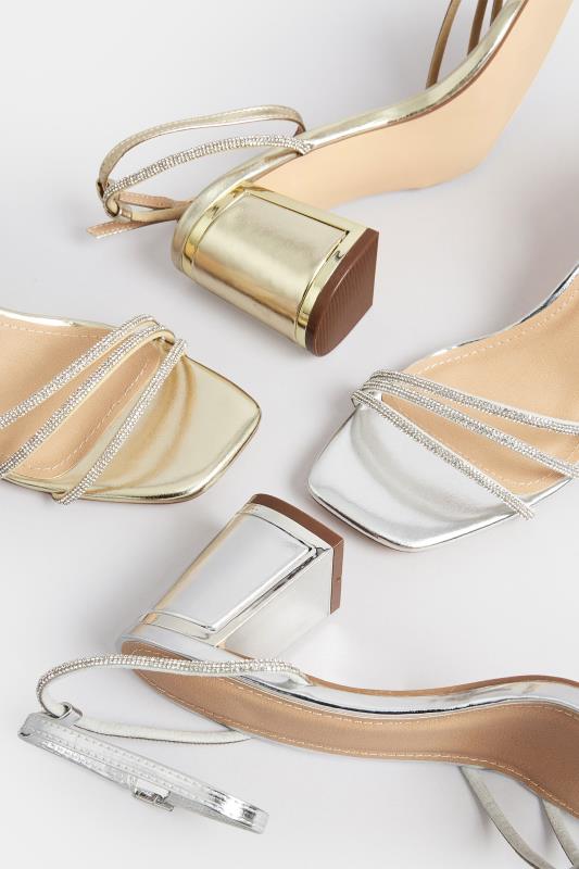 PixieGirl Gold Diamante Strap Mid Block Heel Sandals In Standard Fit | PixieGirl 6