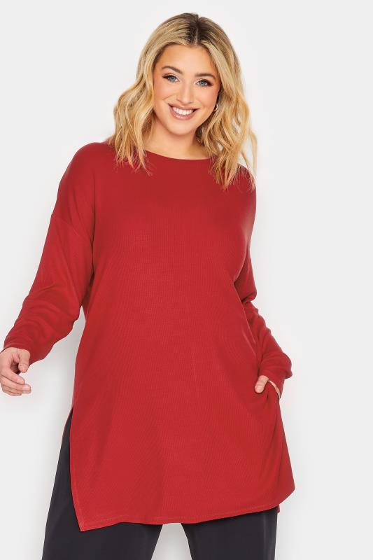 YOURS Plus Size Red Ribbed Split Hem T-Shirt | Yours Clothing 1