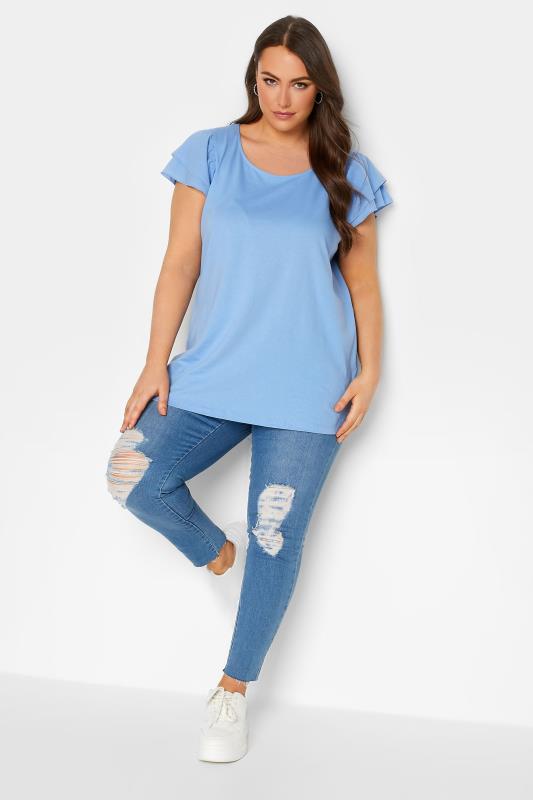 YOURS Curve Plus Size 2 PACK Blue Frill Sleeve T-Shirts | Yours Clothing  3