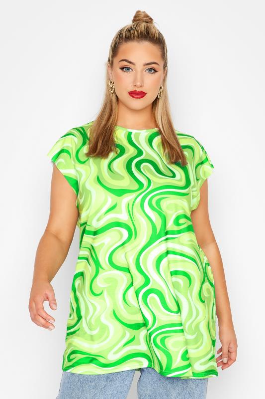 LIMITED COLLECTION Curve Green Retro Swirl Print Grown on Sleeve Top 1