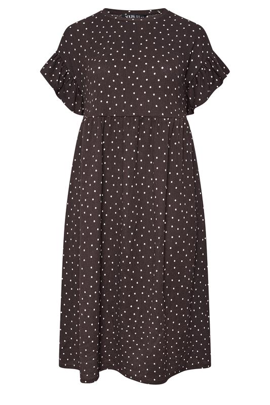 YOURS Plus Size Chocolate Brown Polka Dot Frill Sleeve Midi Dress | Yours Clothing 5