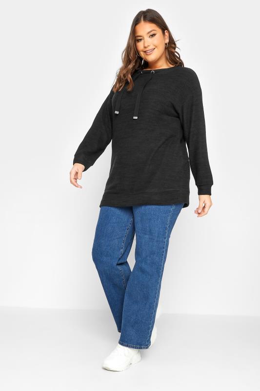 YOURS Plus Size Black Soft Touch Drawstring Sweatshirt | Yours Clothing 2