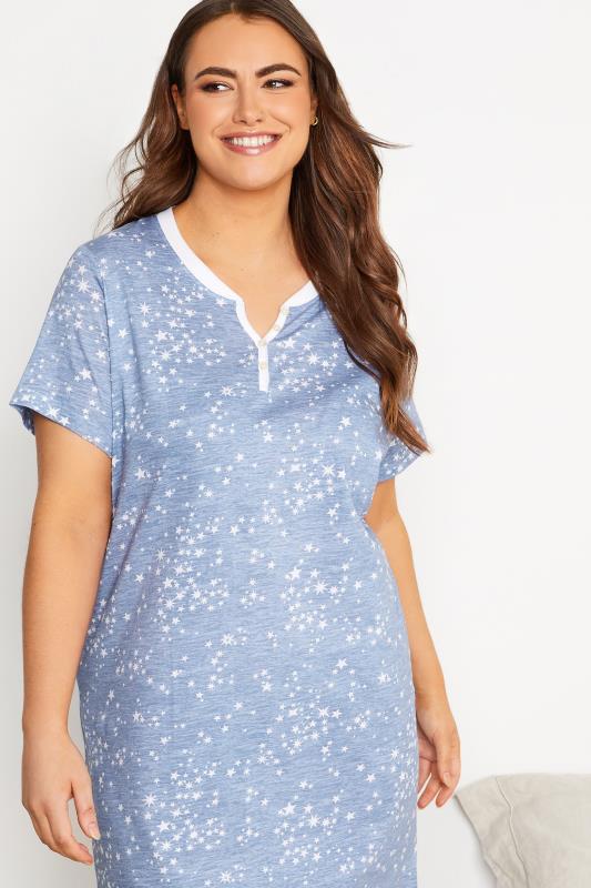 Curve Blue & White Star Print Placket Nightdress | Yours Clothing 4
