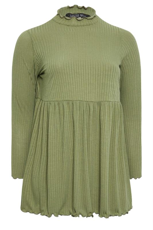 LIMITED COLLECTION Plus Size Khaki Green Peplum Lettuce Hem Top | Yours Clothing   7