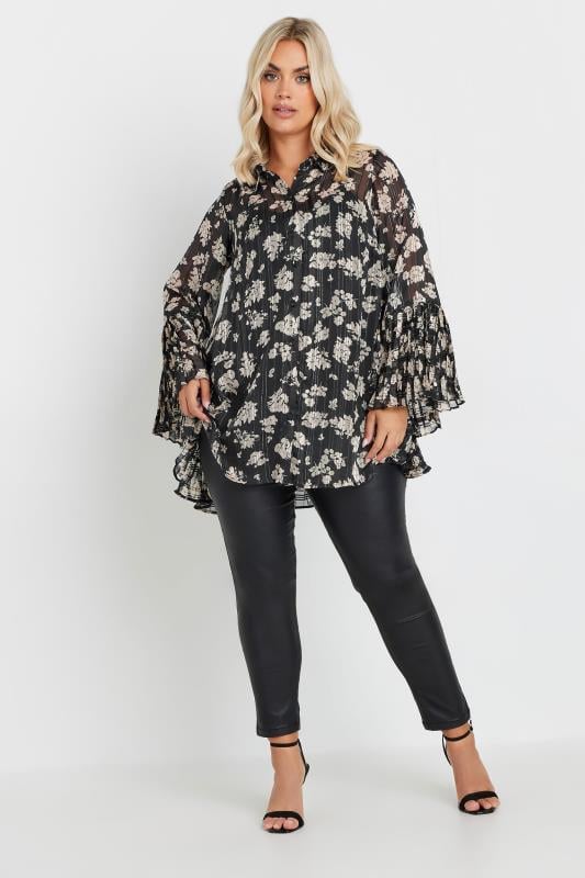 YOURS Plus Size Black Floral Print Flared Sleeve Shirt | Yours Clothing 2