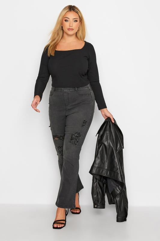 Curve Black Washed Ripped Pull-On HANNAH Bootcut Jeggings 2
