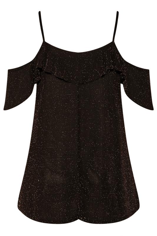 Plus Size Black & Gold Glitter Frill Cold Shoulder Top | Yours Clothing 7