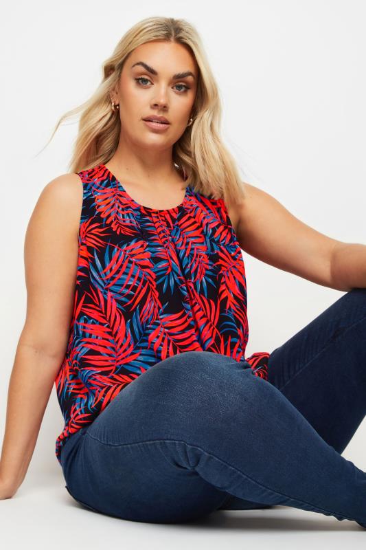 YOURS Plus Size Red Tropical Print Pleated Vest Top | Yours Clothing 5