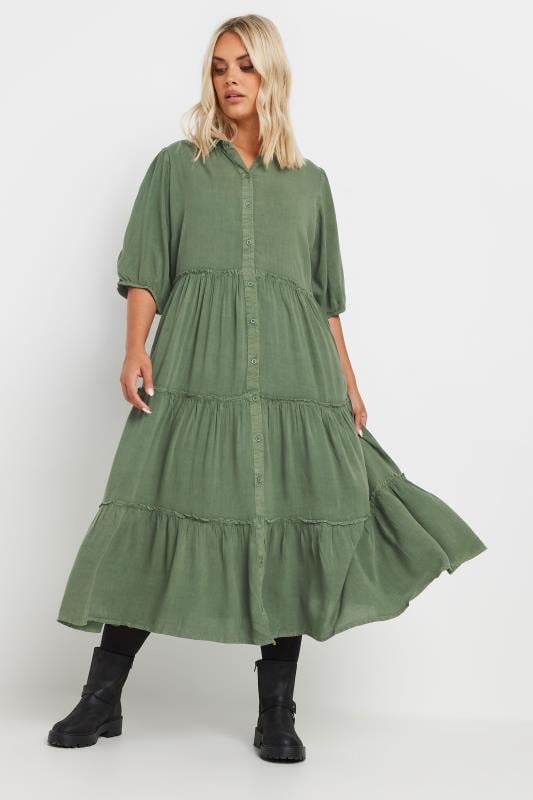 YOURS Plus Size Green Short Sleeve Tiered Midi Dress | Yours Clothing 2