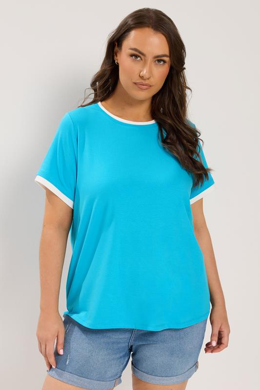 YOURS Curve blauw premium ringer T-shirt