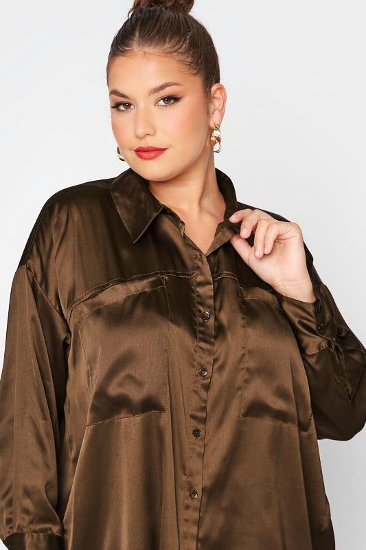 LIMITED COLLECTION Plus Size Chocolate Brown Satin Shirt | Yours Clothing  4