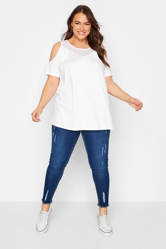 Plus Size White Lace Detail Cold Shoulder Top | Yours Clothing 2