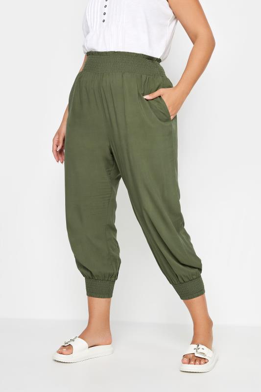 YOURS Plus Size Khaki Green Shirred Harem Trousers | Yours Clothing 1