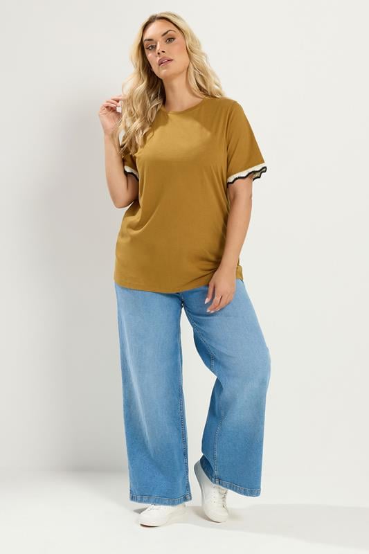 YOURS Plus Size Yellow Metallic Crochet Trim T-Shirt | Yours Clothing  2