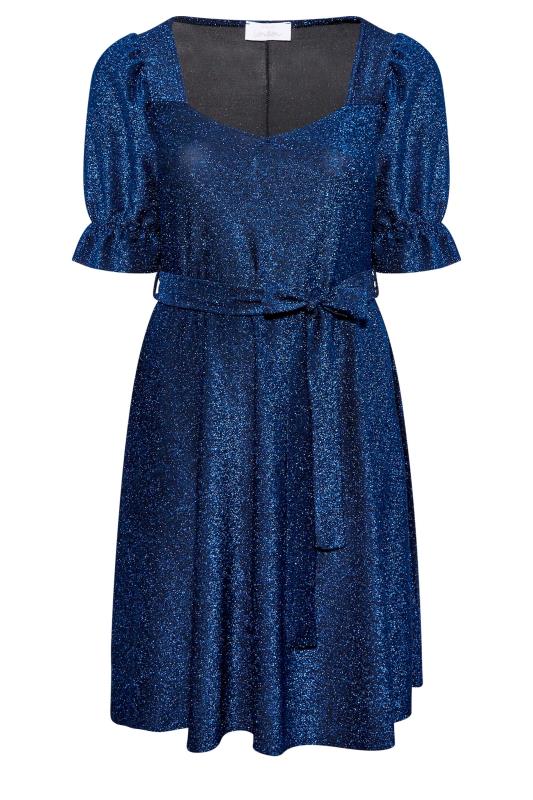 YOURS LONDON Plus Size Blue Glitter Puff Sleeve Midi Dress | Yours Clothing 6