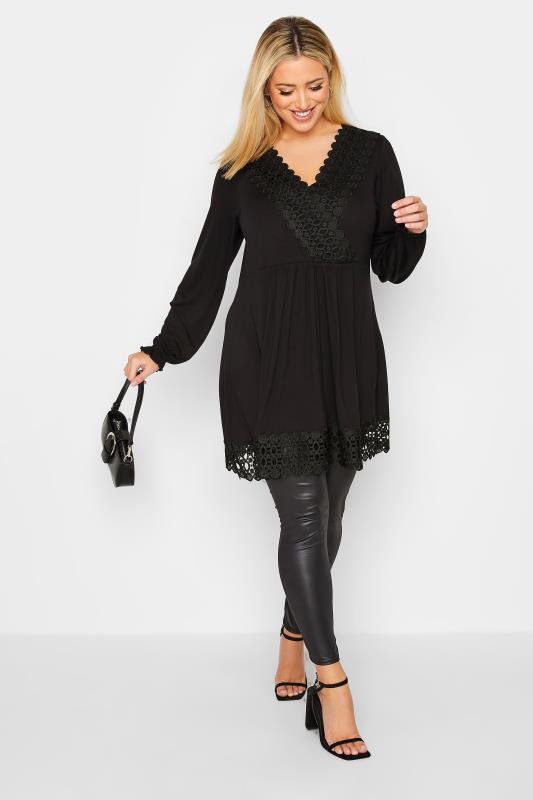 YOURS Plus Size Black Crochet Trim Tunic Top | Yours Clothing 2