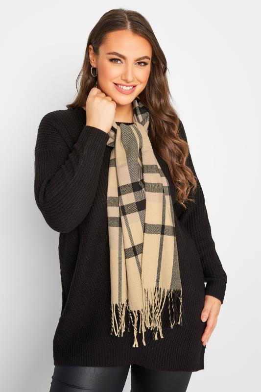 Beige Brown & Black Check Print Scarf | Yours Clothing 1